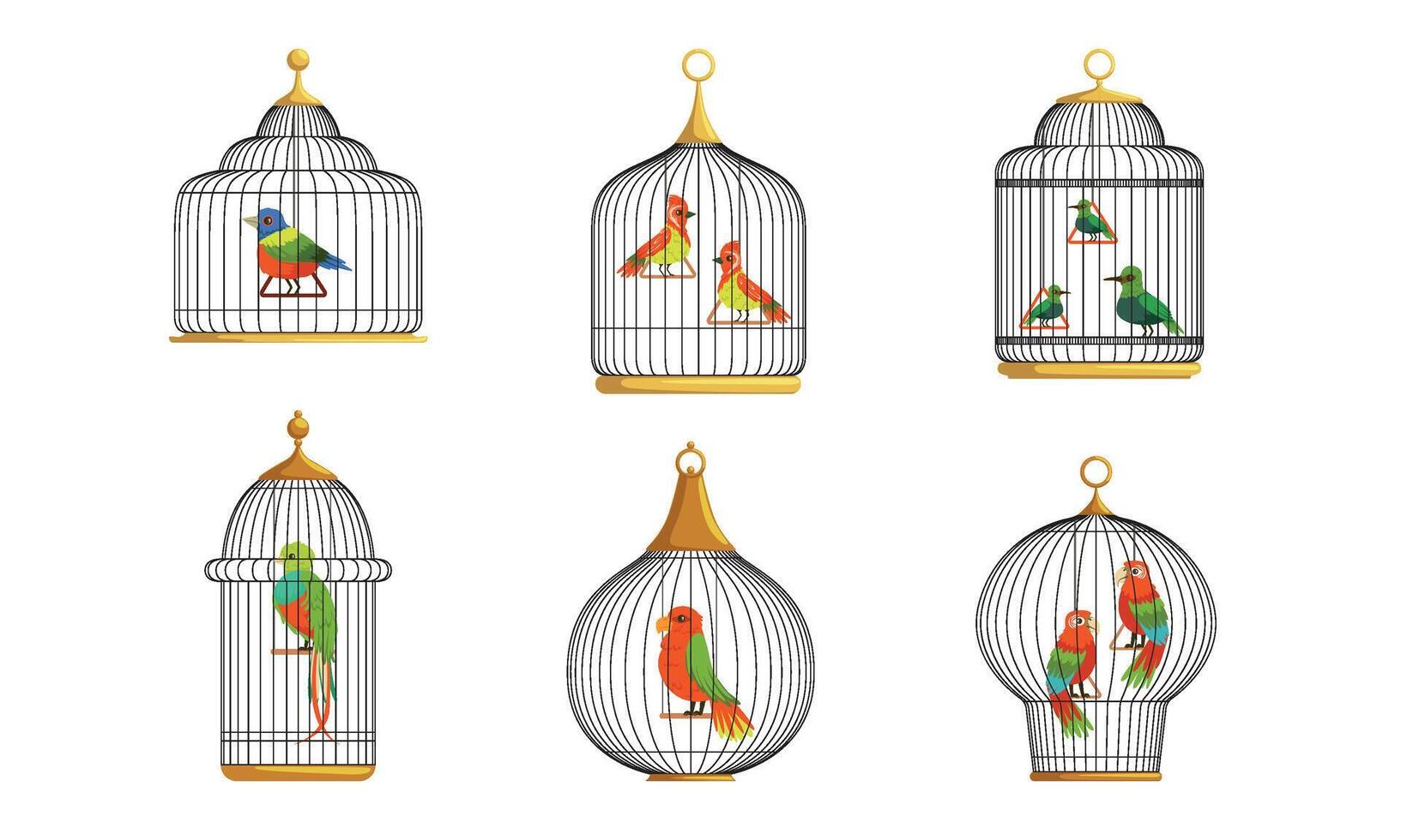 Colorful Parrots in Cages Collection, Cute Birds in Birdcages Illustration on White Background vector
