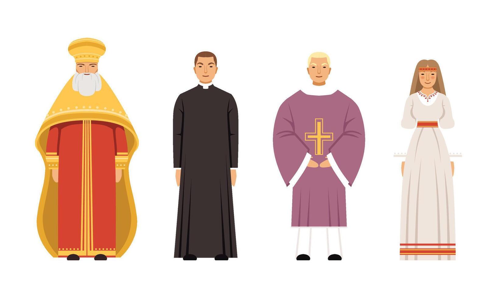 Religion People Characters in Traditional Clothes Collection, Orthodox Metropolitan, Catholic Priest or Pastor, Vicar, Slavic or Pagan Woman Illustration vector