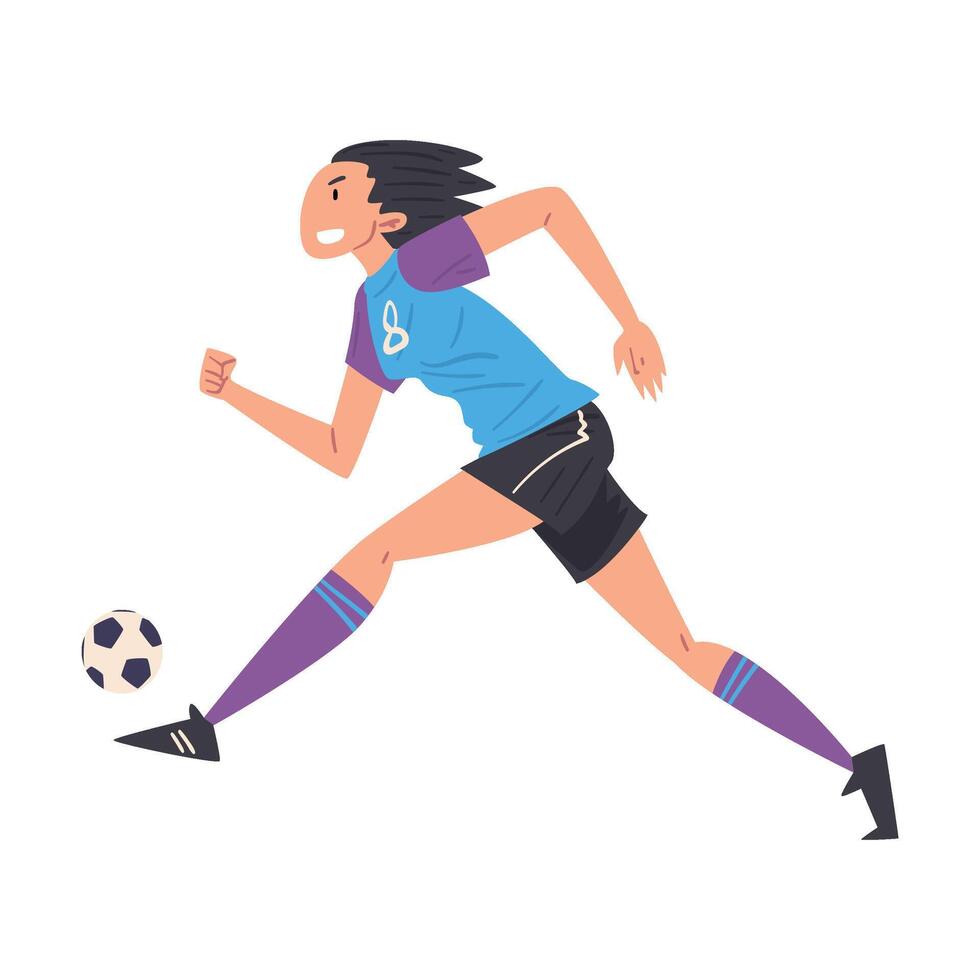 Girl Playing Soccer, Young Woman Football Player Character in Sports Uniform Running and Kicking the Ball Illustration vector