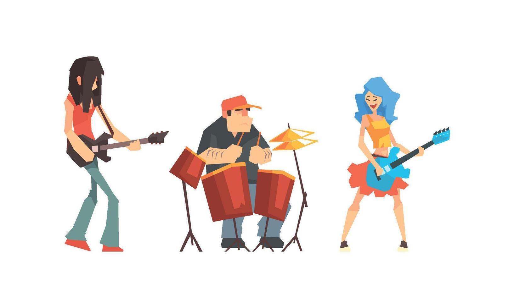 Musicians People Set, Guitarist, Singer, Drummer Characters Playing on Music Instruments and Singing Illustration vector