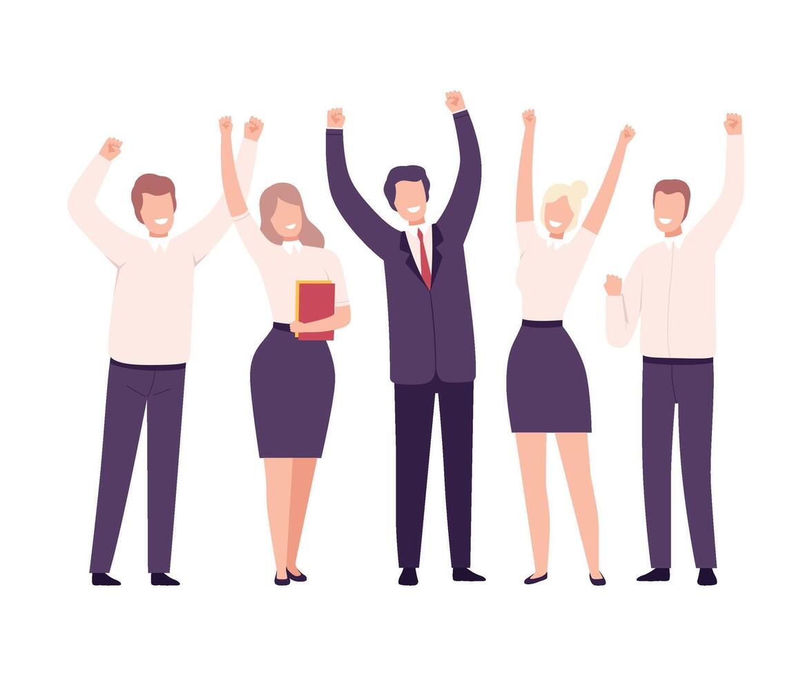 Business People Celebrating Victory, Business Team Achievement, Employees Characters Dressed in Suits Standing with Their Hands Up Flat Illustration vector