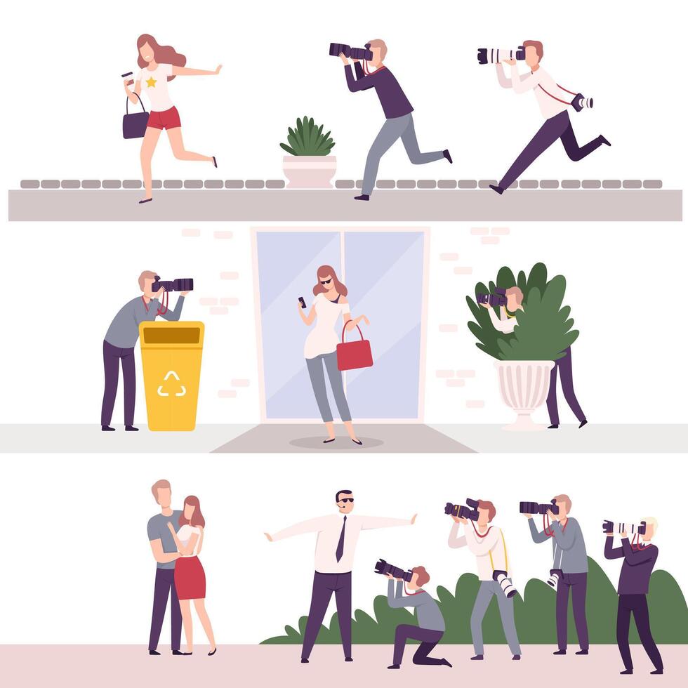 Collection of Paparazzi with Cameras Following Celebrities, Famous People Posing to Photographers at Movie Festival, Premiere, Ceremony Show Flat Illustration vector