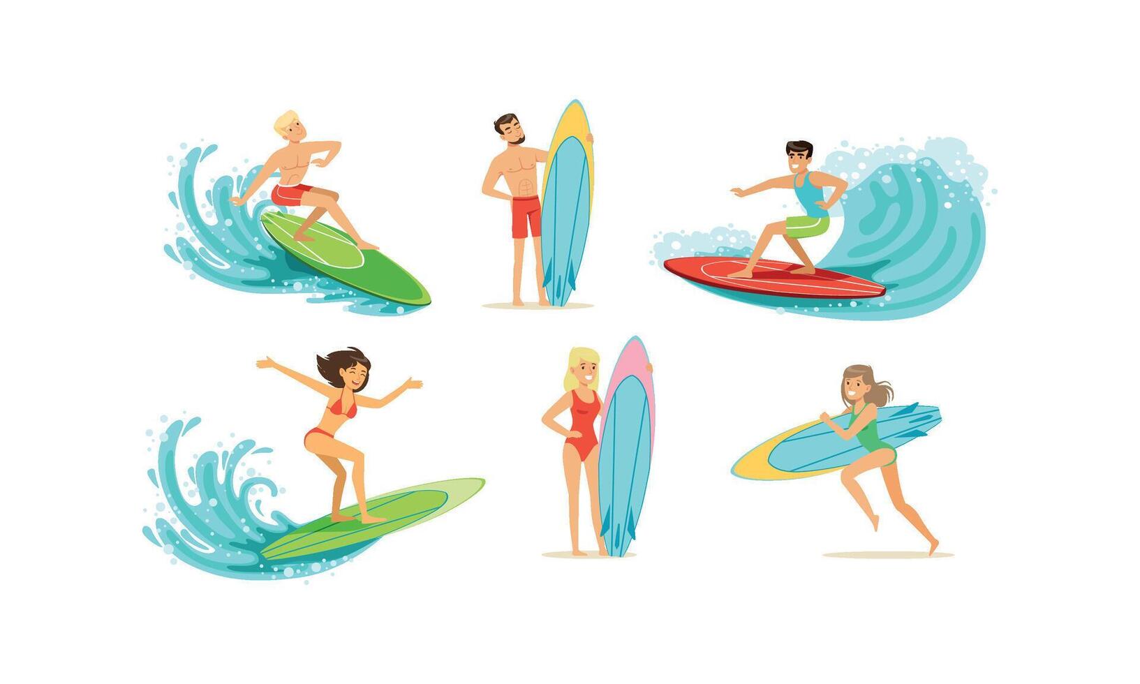 Surfing People Collection, Male and Female Surfers in Swimwear Riding Waves Illustration vector
