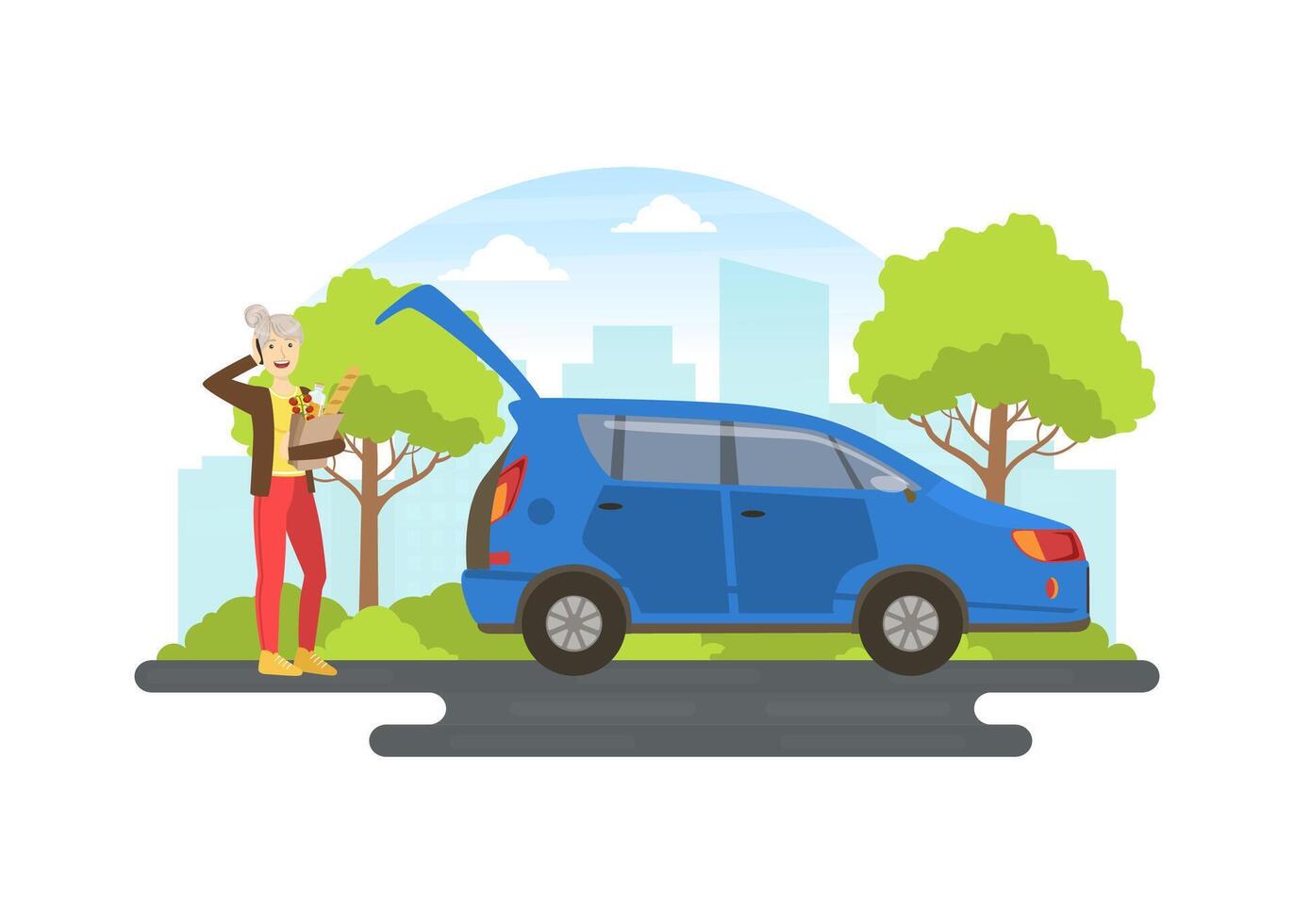 Cheerful Senior Woman with Bag of Groceries Standing Next to Her Car and Talking on the Phone, Elderly People Active Lifestyle Illustration vector