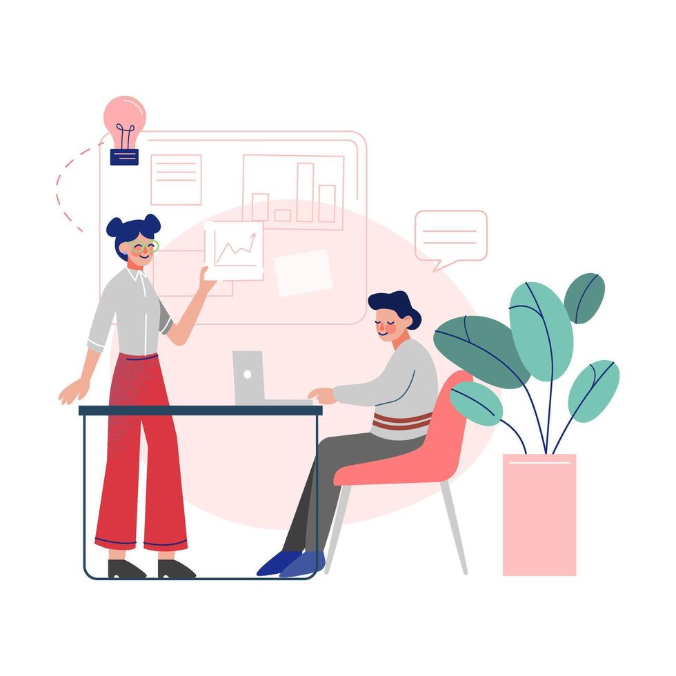 Business Colleagues Working Together, Employees Characters Meeting and Communicating in Office Space with Equipped Workplace Illustration vector