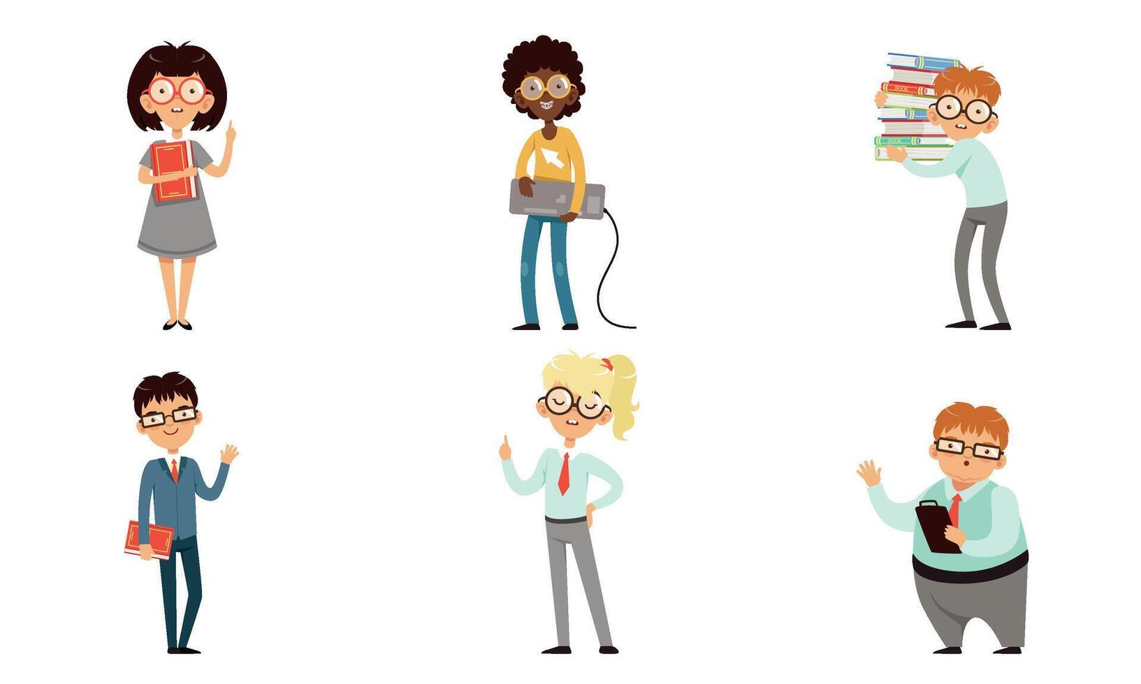 Funny Nerds and Geeks Cartoon Characters Collection, Smart Students in Glasses with Books Illustration on White Background vector