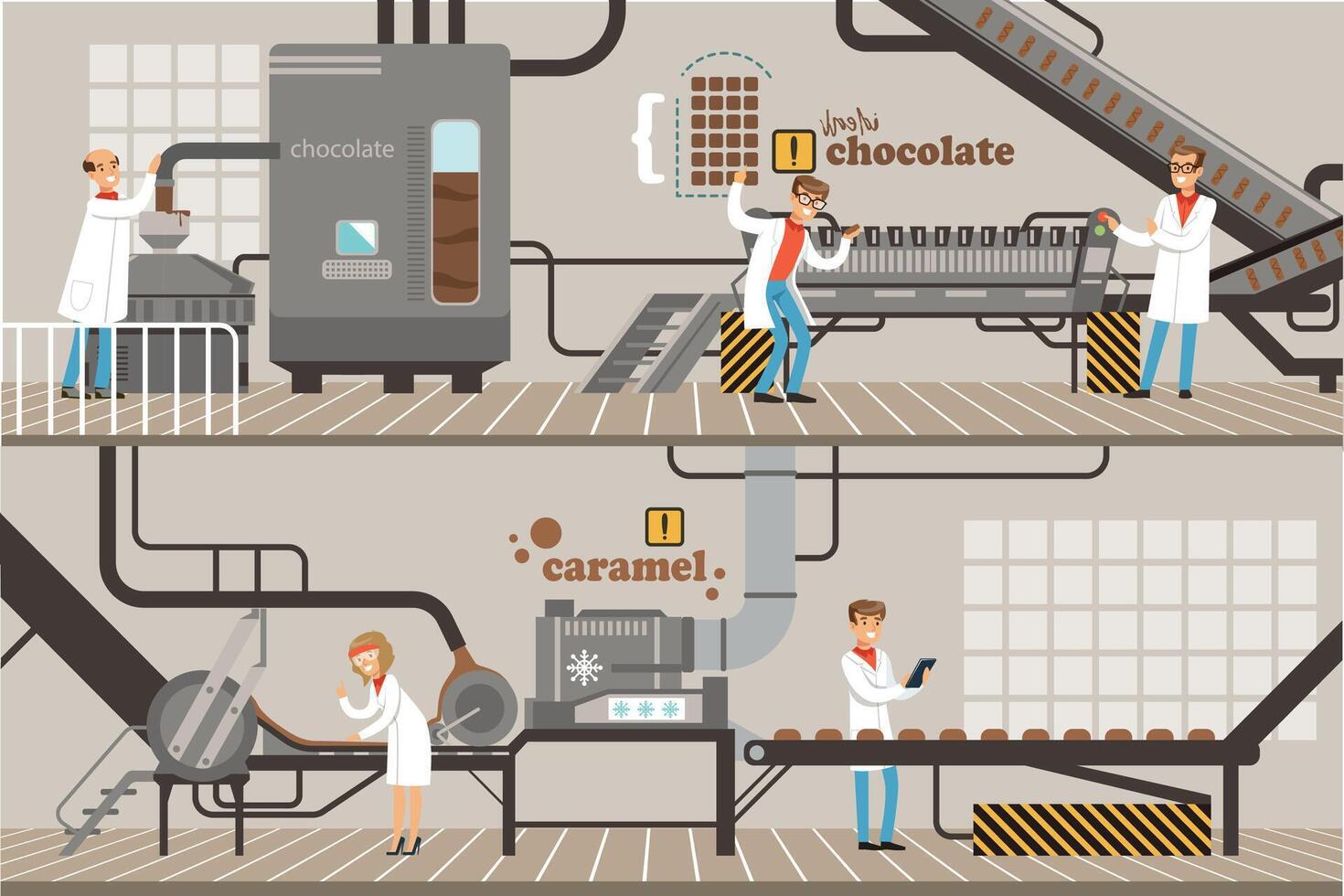 Chocolate and Caramel Factory Production Process Set, Sweets Confectionery Industry Equipment Illustration vector