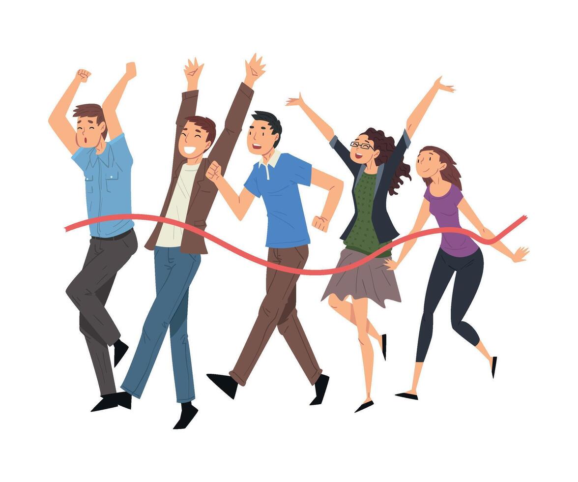 Successful Business People Crossing the Finish Line, Professional Competition or Team Building Concept Illustration vector