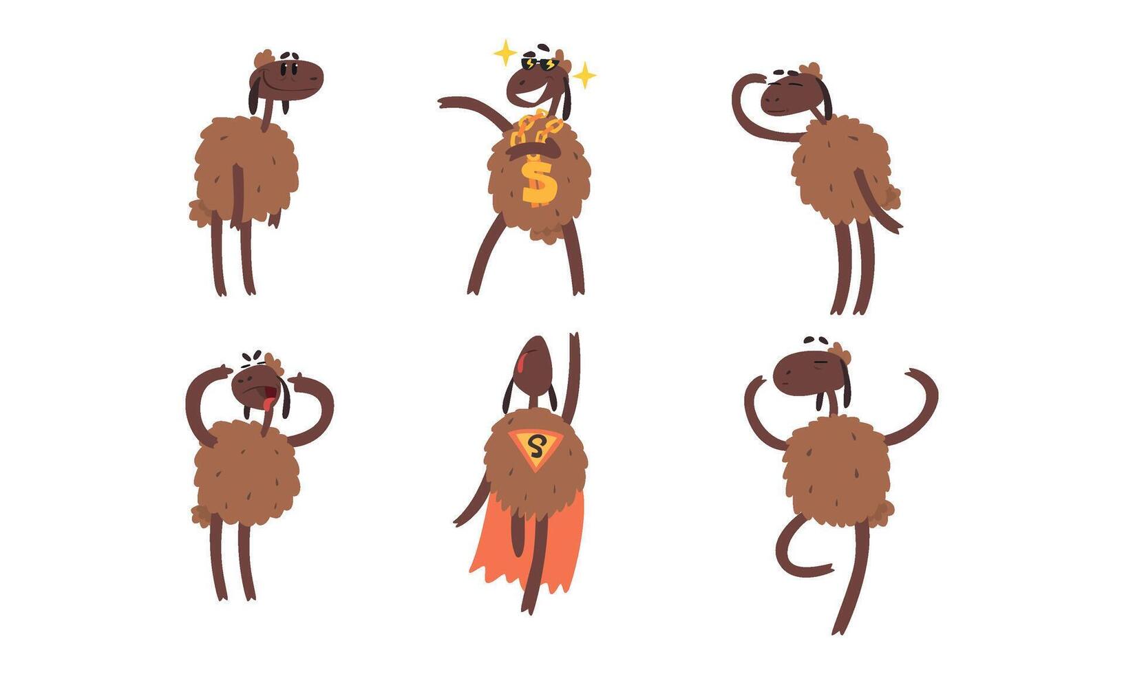 Funny Brown Sheep Collection, Humanised Farm Animal Cartoon Character in Various Poses and Situations Illustration vector