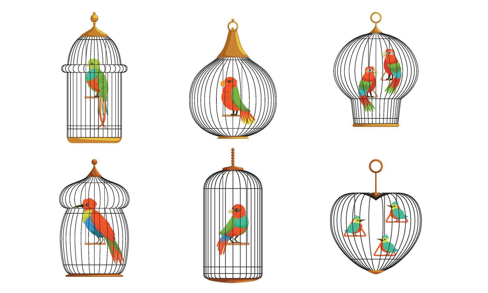 Exotic Birds and Parrots in Cages Collection, Cute Colorful Birdies Illustration on White Background vector