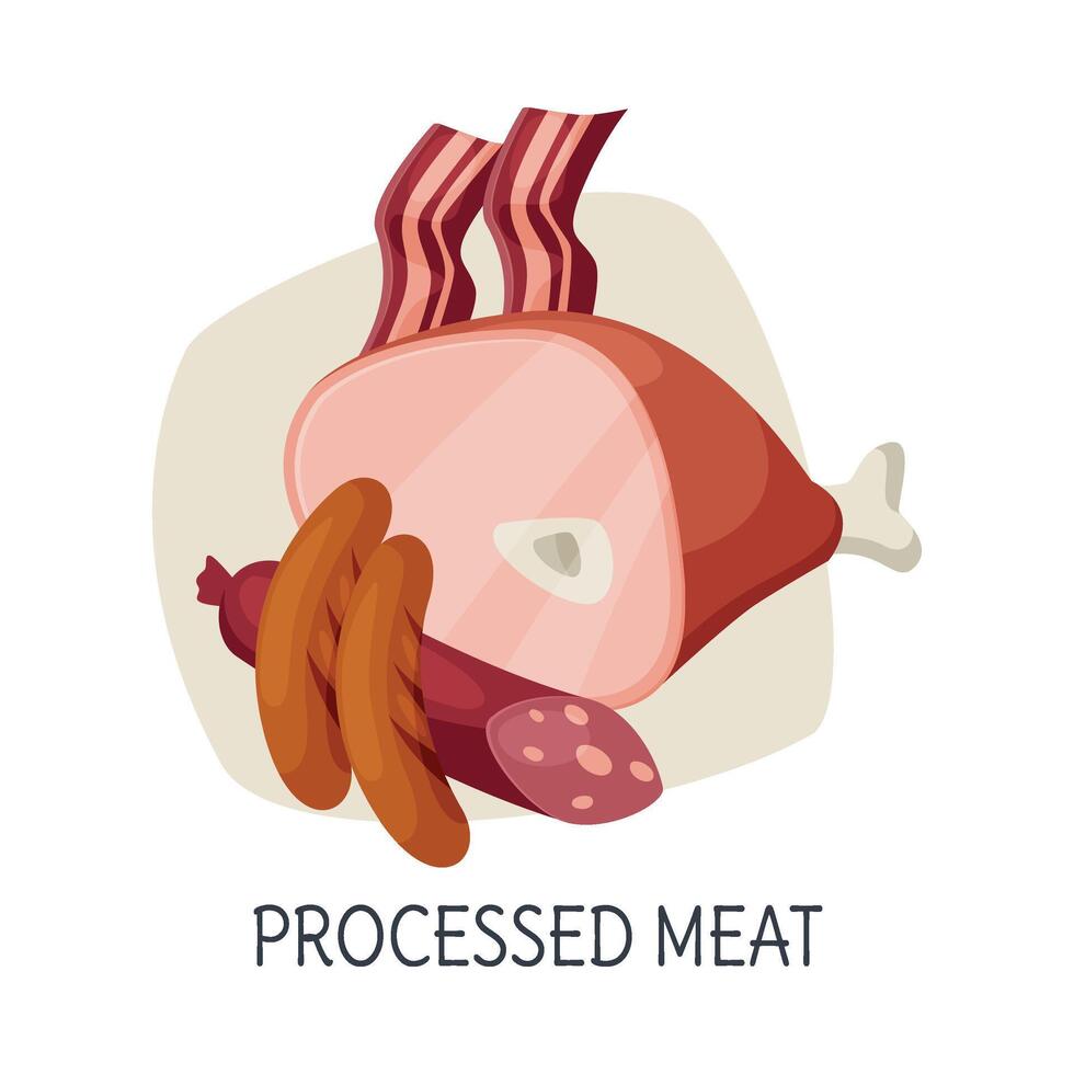 Unhealthy Food for Brain, Processed Meat Products, Sausages, Ham Illustration vector