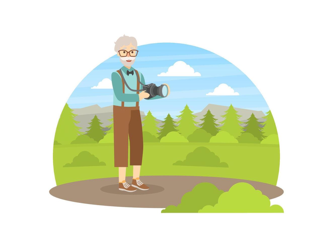 Senior Man Photographer Taking Picture in Nature, Elderly People Active Lifestyle Illustration vector