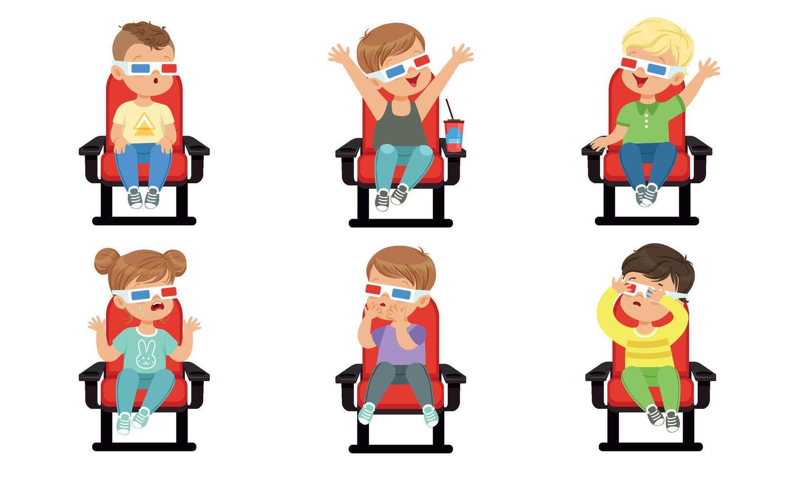 Cute Emotional Kids Watching Movie with 3D Glasses While Eating Popcorn and Drinking Soda Drink, Boys and Girls Sitting in the Cinema Illustration on White Background vector