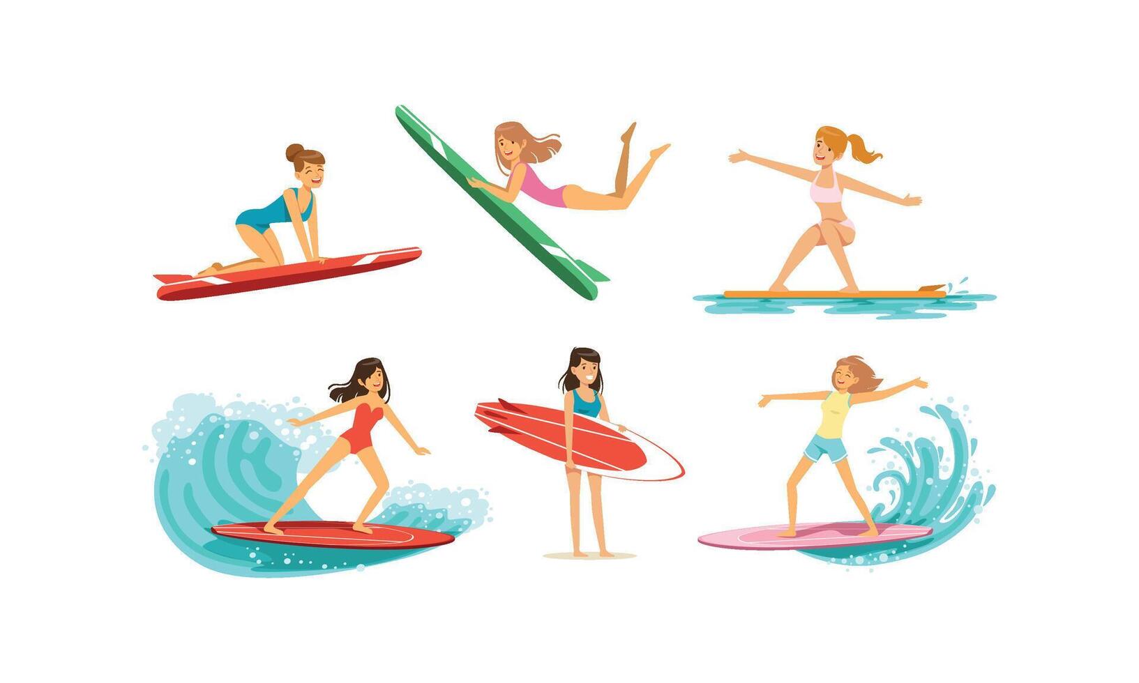 Surfing Girls Collection, Female Surfers in Swimsuits Riding Waves with Surfboards Illustration vector