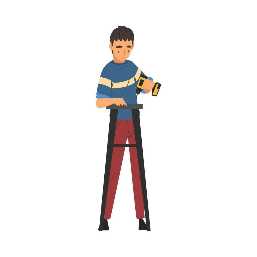 Man Assembling Wooden Stool with Drill, Manual Furniture Assembly Illustration vector