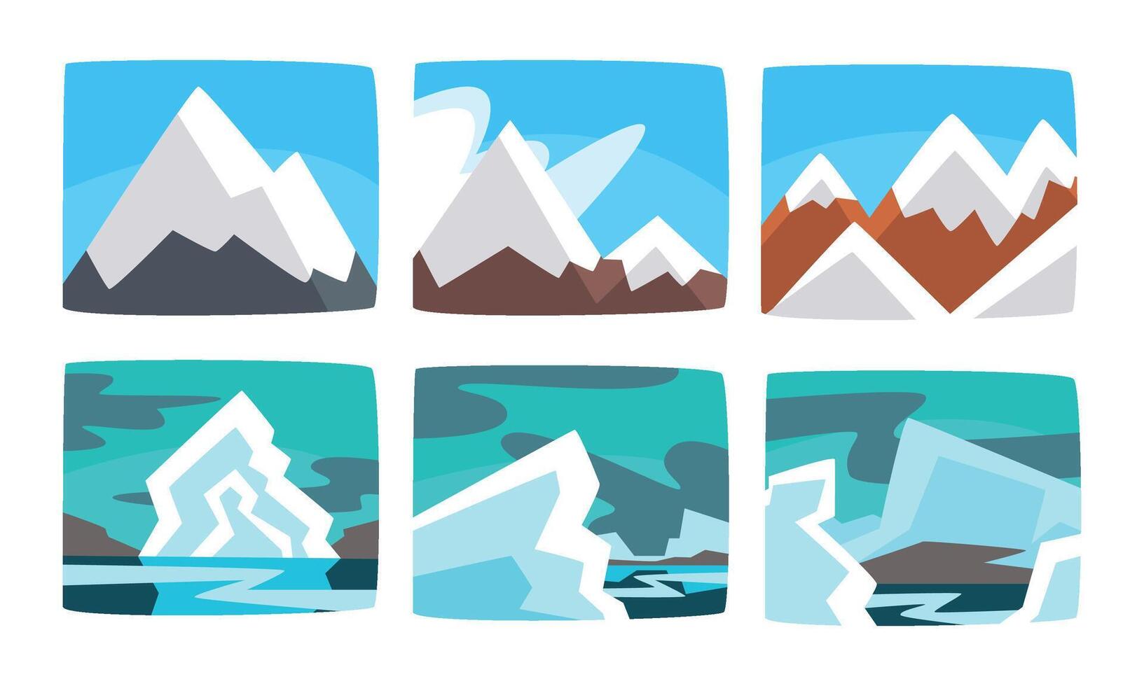 Beautiful Snowy Mountains Landscape Set, Hills and Icebergs in Sunny and Cloudy Weather Illustration vector