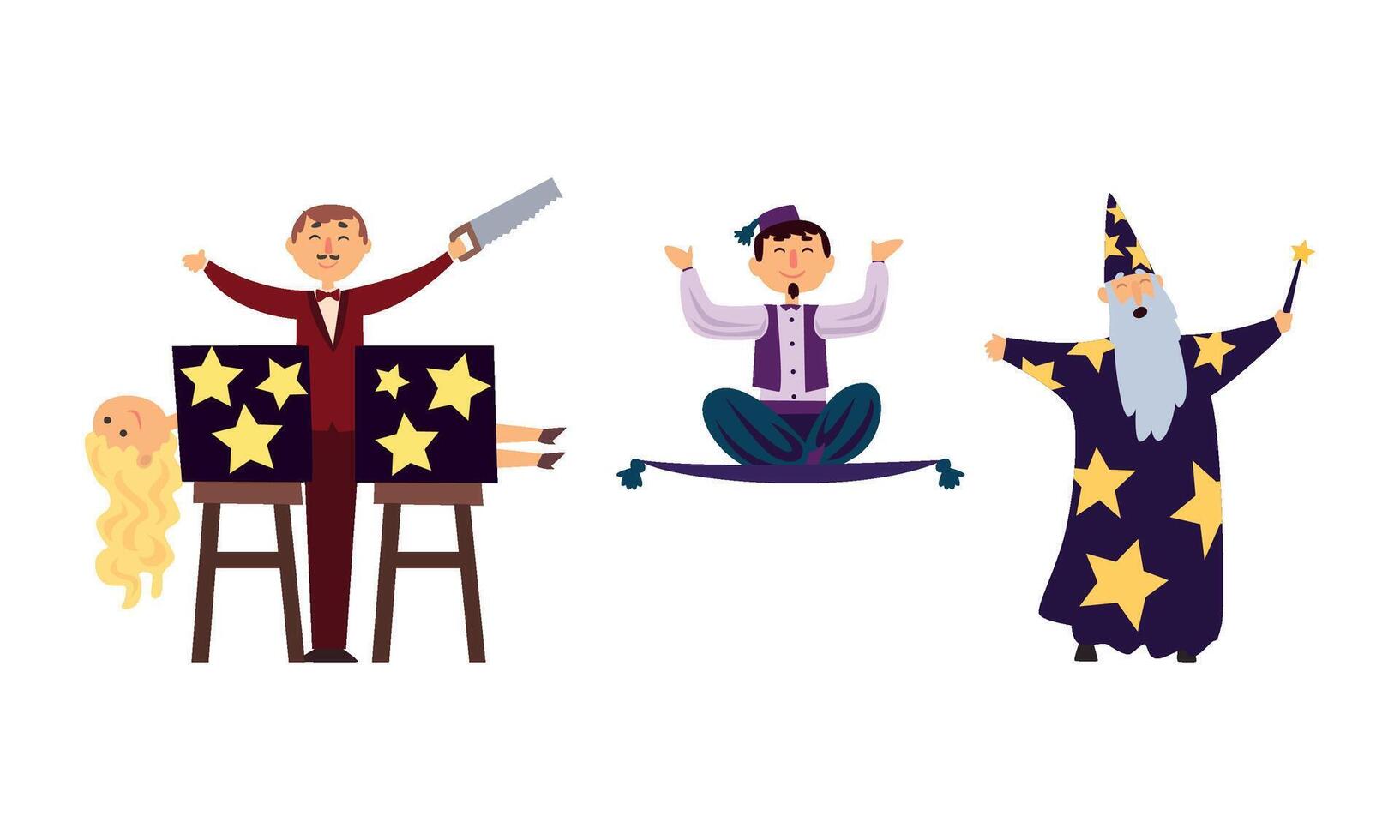 Circus Magicians Characters Performing Tricks at Magic Show Set Illustration vector