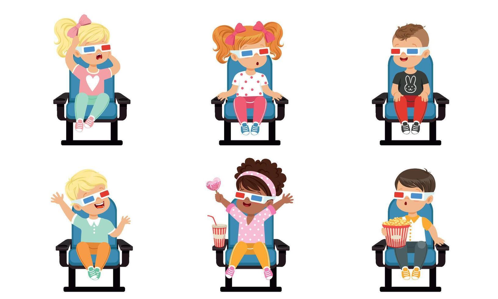 Cute Kids Watching Movie with 3D Glasses, Emotional Boys and Girls Sitting in the Cinema Illustration on White Background vector