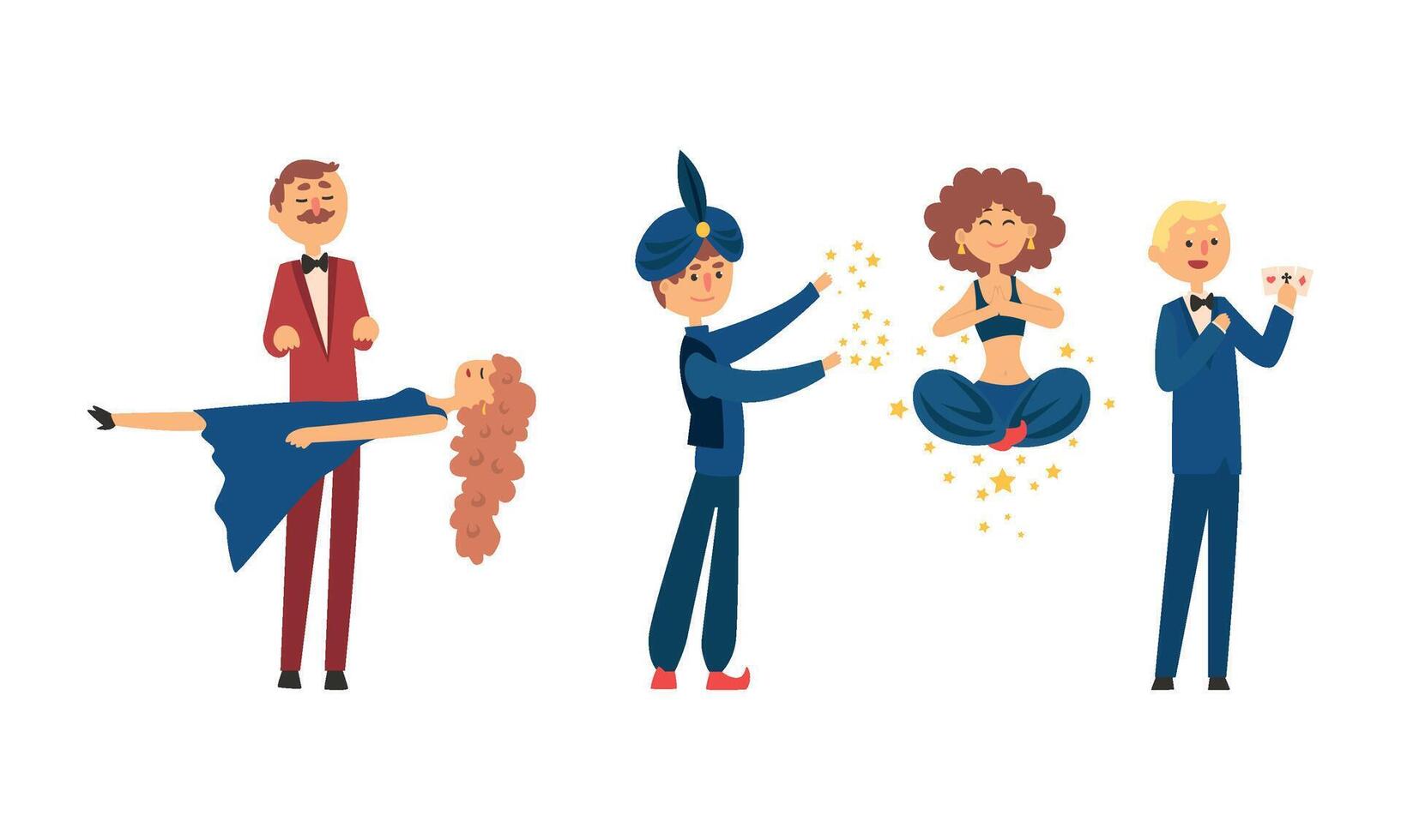 Magicians Performing Tricks Set, Circus Artists Characters Taking Part at Magic Show, Illustration vector