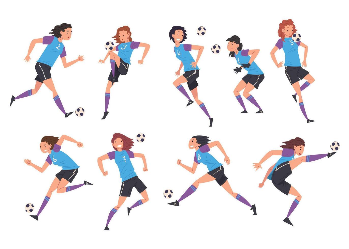 Girls Playing Soccer Collection, Young Women Football Players Characters in Sports Uniform Kicking the Ball Illustration vector