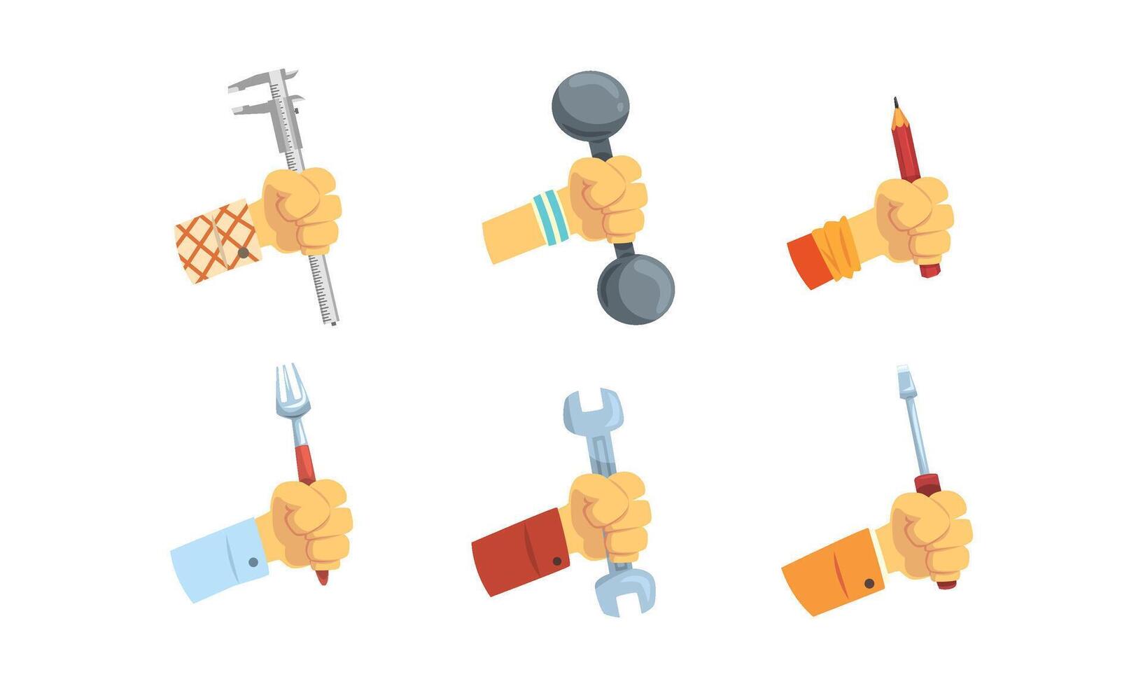 Hands Holding Tools Set, Male Hand with Symbols of Different Professions and Hobbies Illustration vector