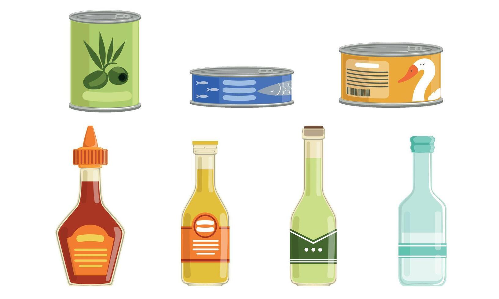 Canned Food Collection, Preserved Goods in Sealed Cans and Bottles Illustration Isolated on White Background vector