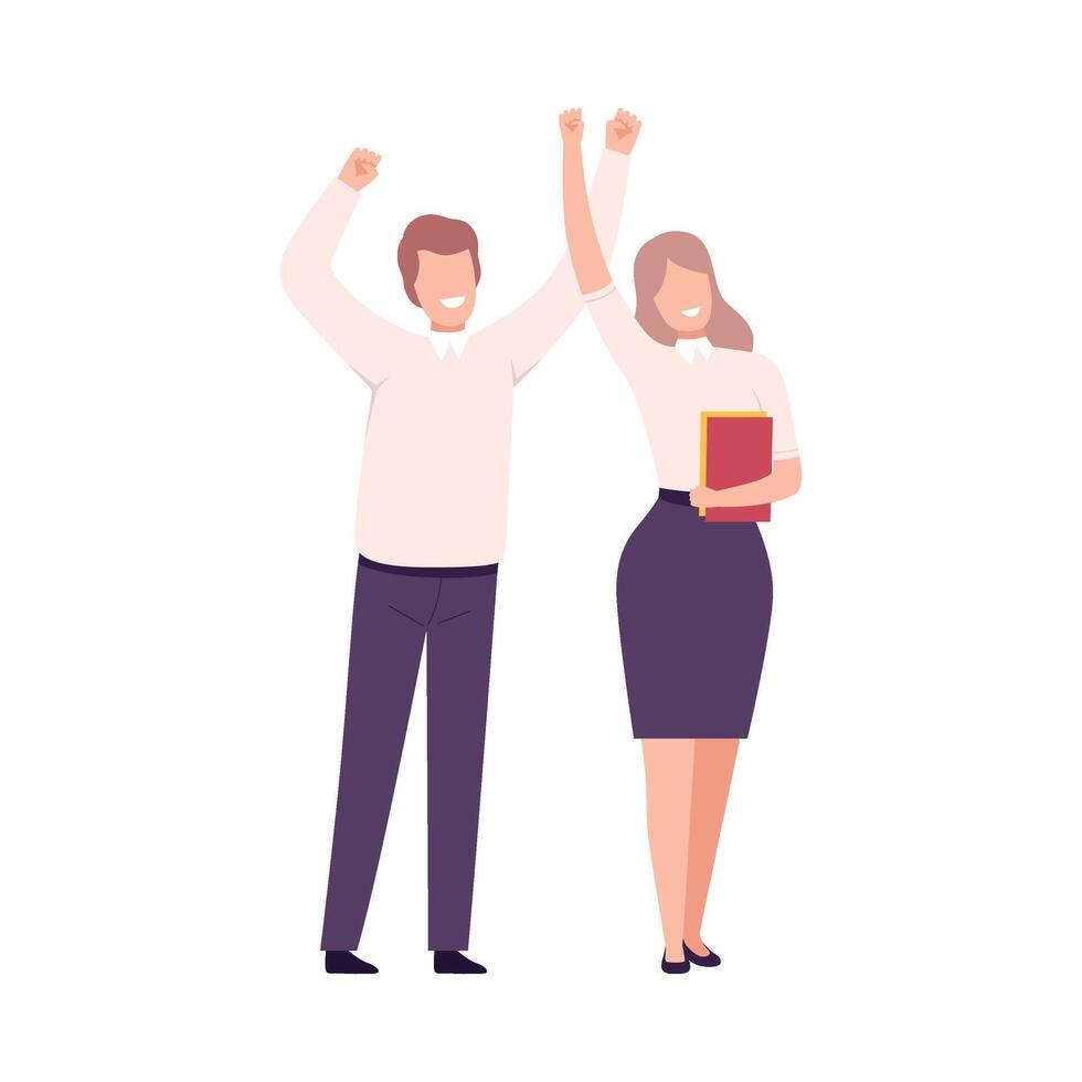 Business People Celebrating Victory, Successful Managers Characters Dressed in Business Clothes Standing with Their Hands Up Flat Illustration vector