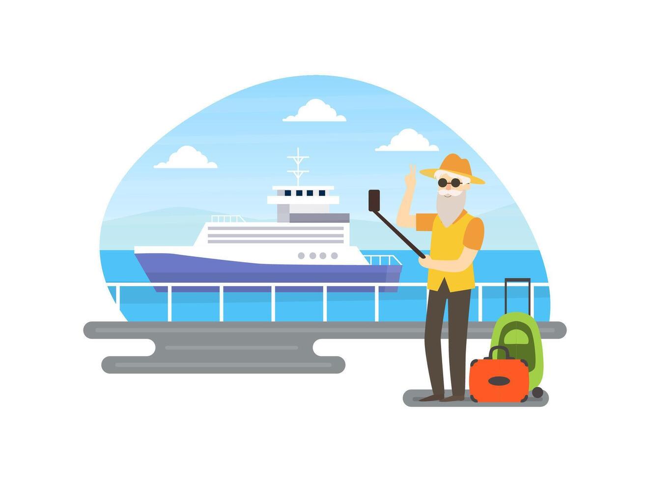 Senior Man Making Selfie in Front of Cruise Ship, Elderly People Active Lifestyle Illustration vector