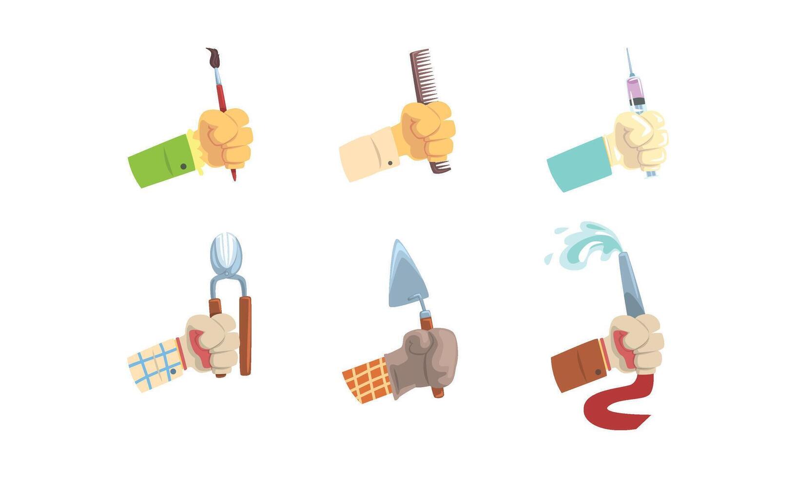 Male Hand Holding Tools Set, Hands with Symbols of Different Professions Illustration vector