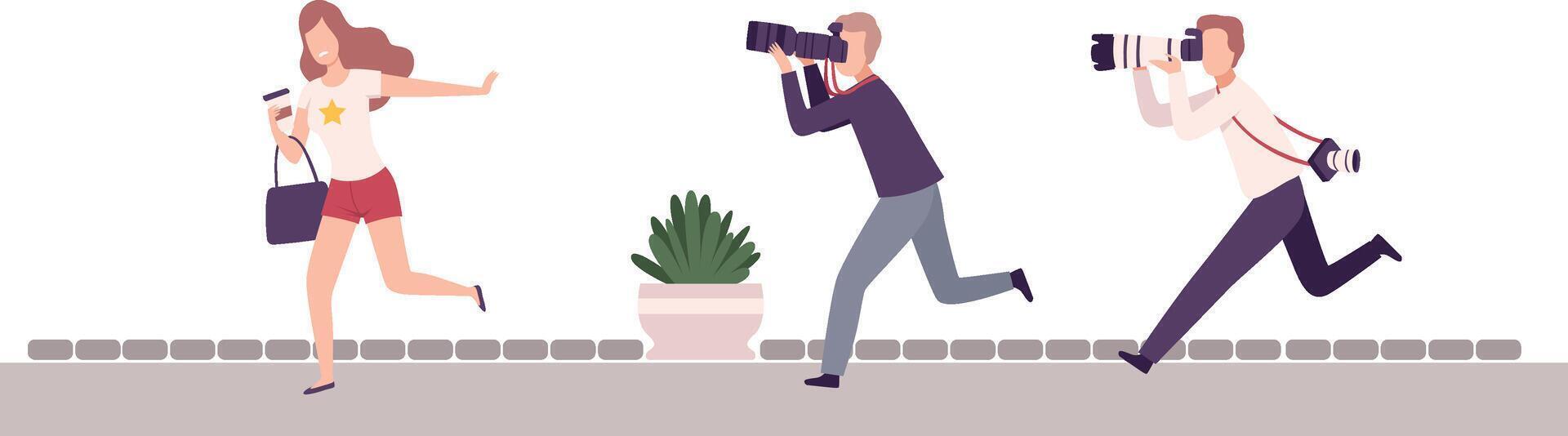 Paparazzi with Cameras Following Celebrity, Beautiful elebrity Woman Running away From Photographers Flat Illustration vector