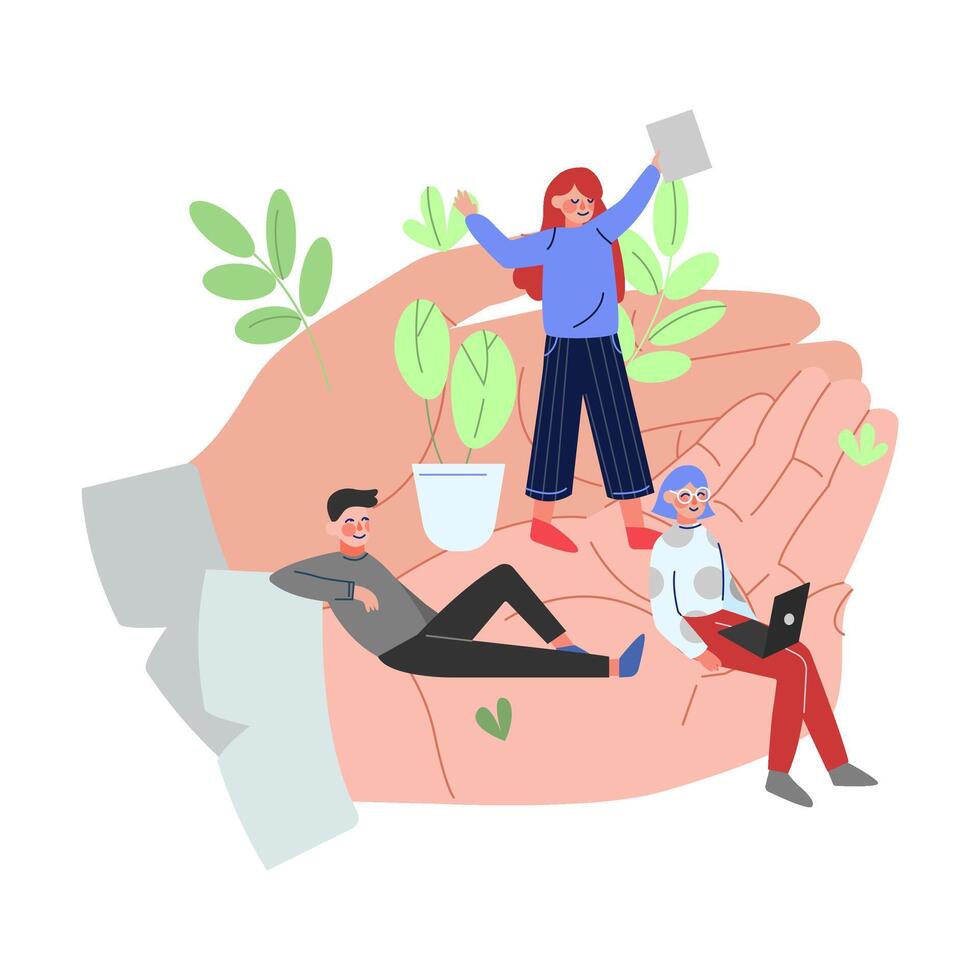 Giant Human Hands with Tiny Employees, Office Staff Care, Support, Professional Growth, Personnel Benefits Illustration vector