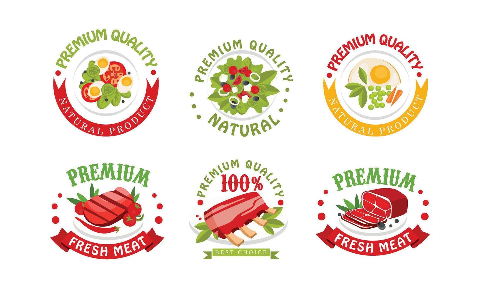 Natural Product Premium Quality Logo Collection, Fresh Meat Best Choice Bright Badges, Labels Illustration vector