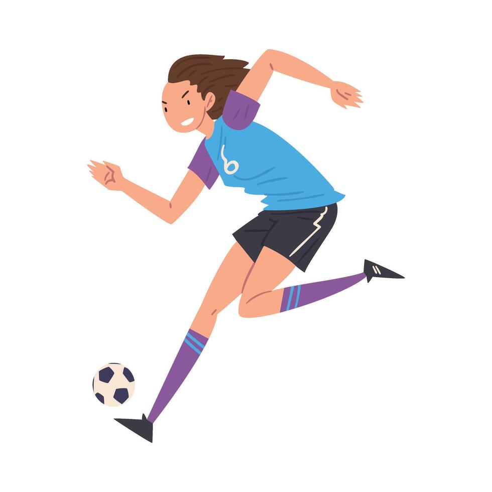 Girl Playing Soccer, Young Woman Football Player Character in Sports Uniform Dribbling the Ball Illustration vector