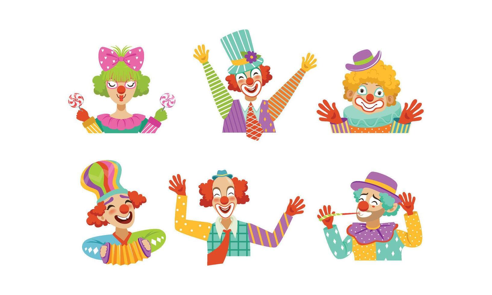 Cute Funny Clowns Collection, Cheerful Circus Cartoon Characters, Birthday or Carnival Party Design Element Illustration vector
