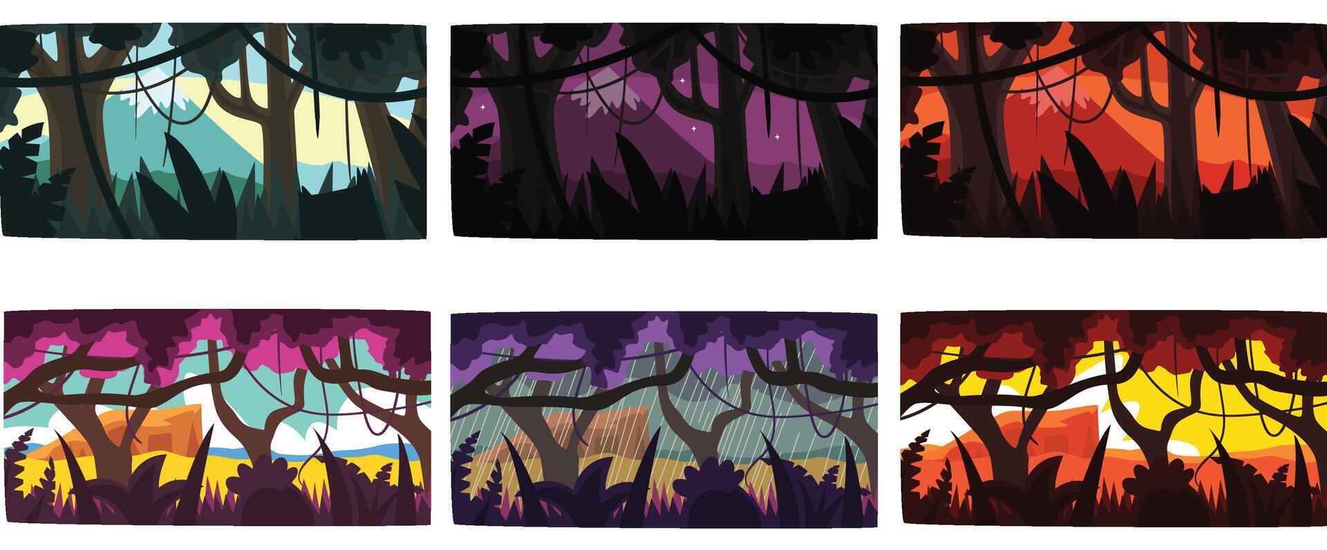 Collection of Scene of Nature in Different Time of Day, Beautiful Tropical Rainforest Horizontal Backdrops Illustration vector