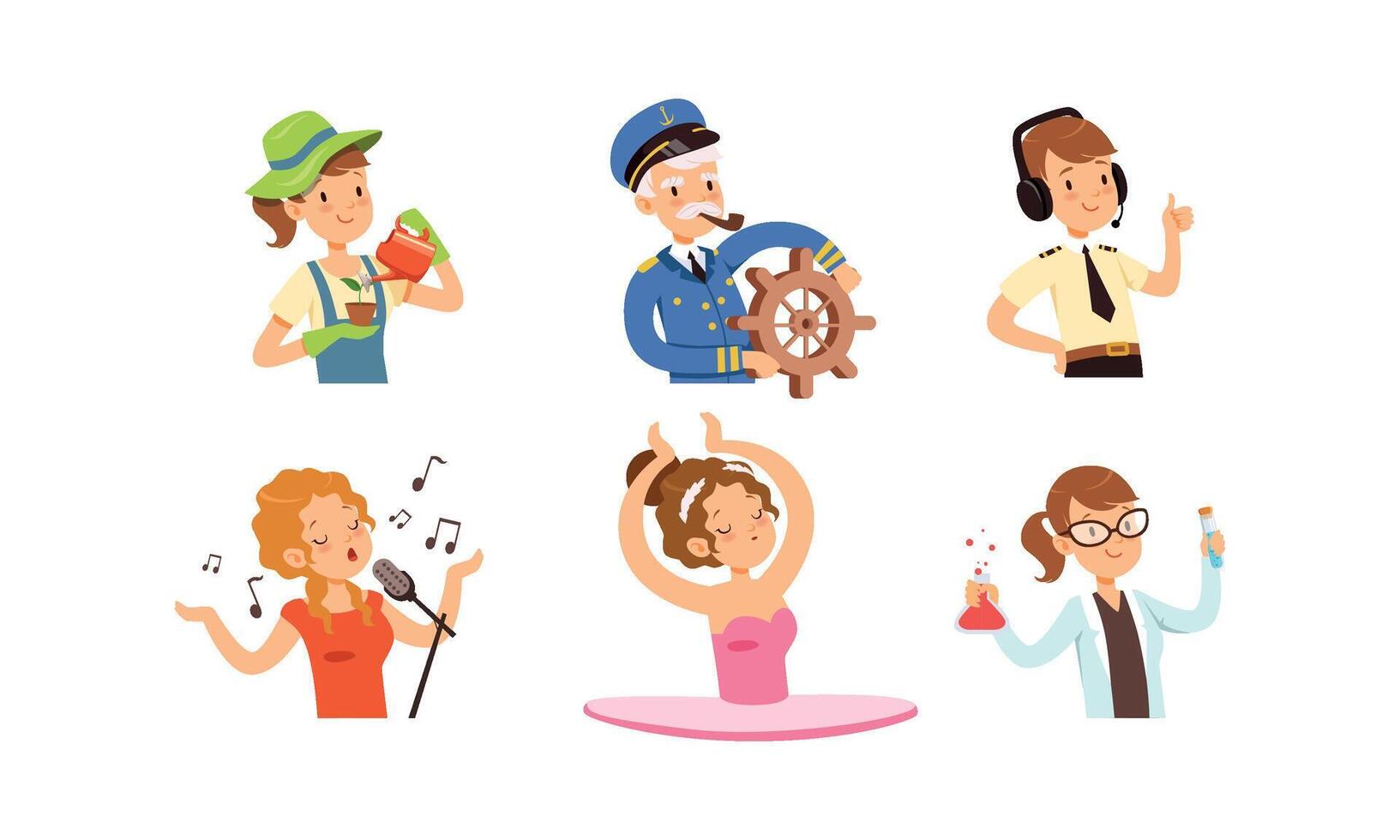 Children of Different Professions Set, Cute Boys and Girls Characters, Gardener, Captain, Air Traffic Controller, Singer, Ballerina, Scientist Illustration vector