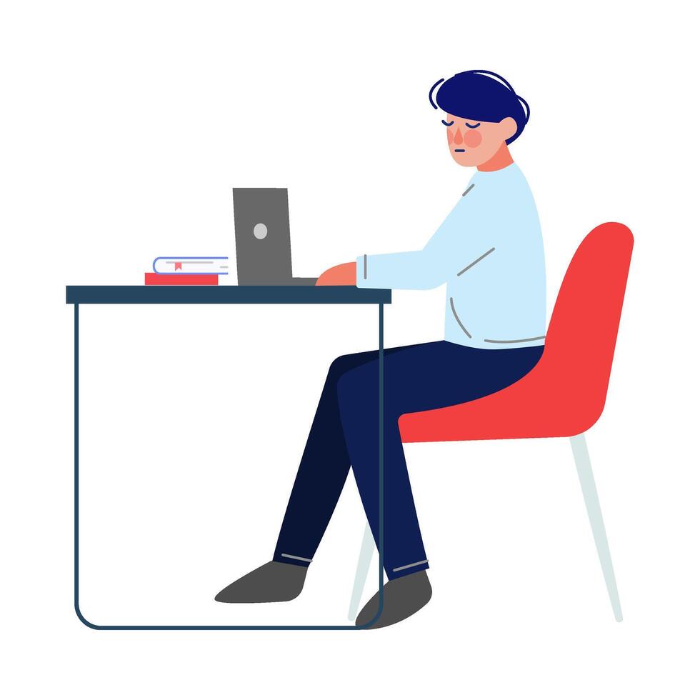 Man Sitting at the Table and Working on the Laptop Computer Illustration vector