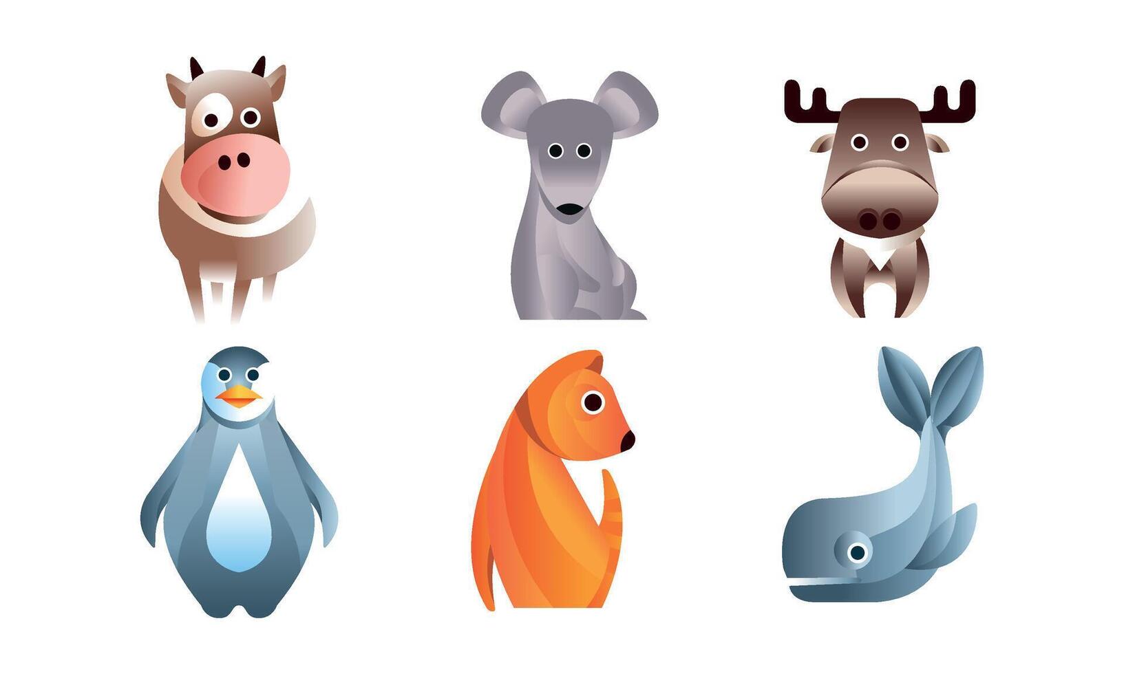 Cute Stylized Wild Animals Collection, Cow, Mouse, Moose, Penguin, Whale Illustration vector