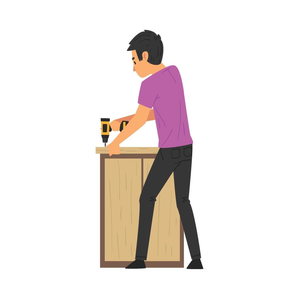 Man Assembling and Installing Cupboard, Manual Furniture Assembly Illustration vector
