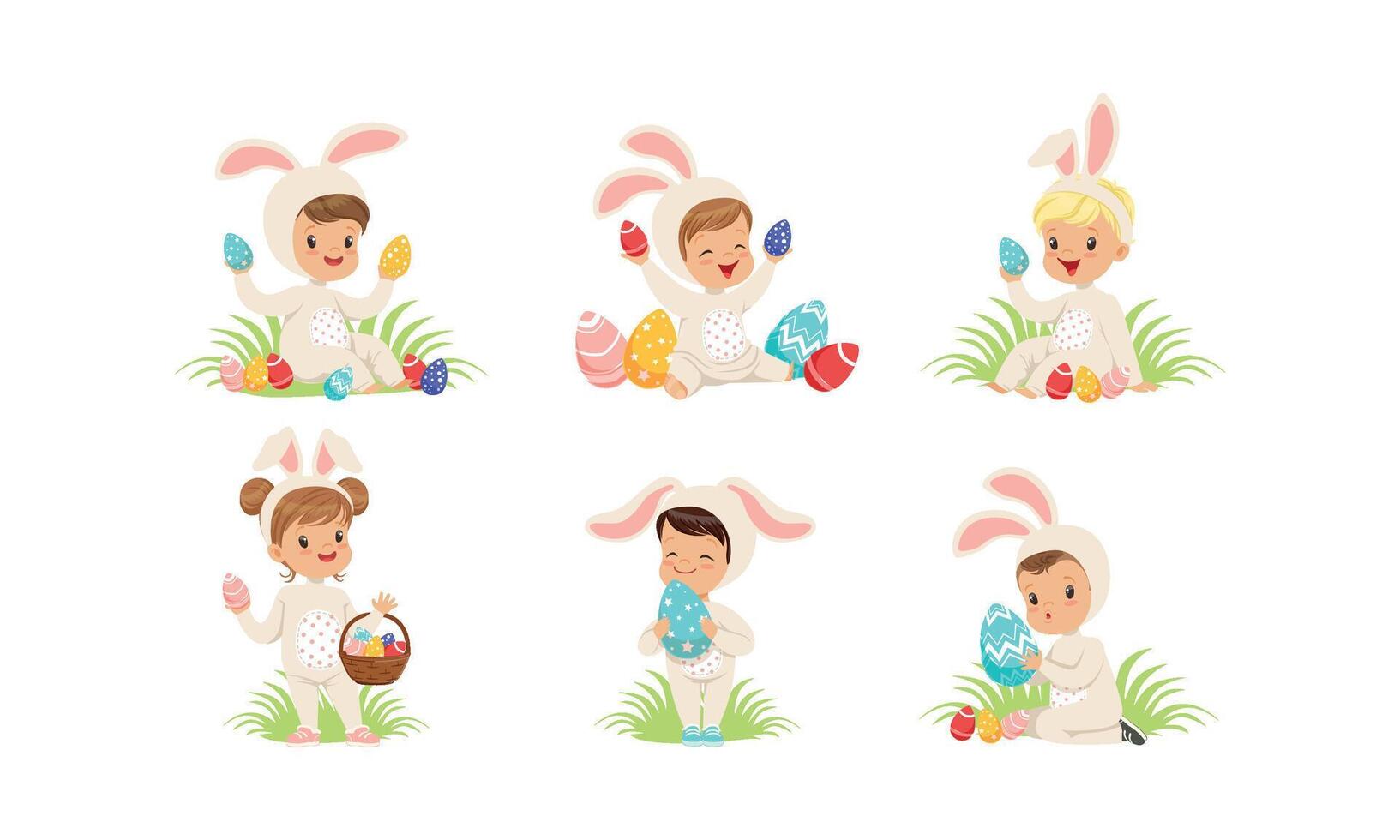 Happy Easter, Collection of Cute Little Boys and Girls Dressed in Bunny Costumes Sitting on the Grass and Playing with Colorful Easter Eggs Illustration vector