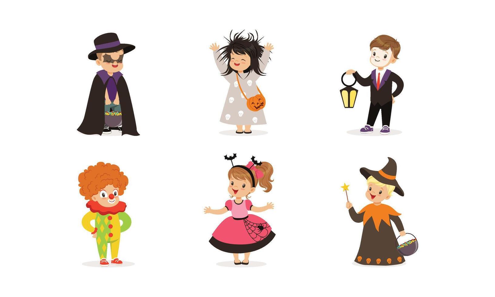 Cute Boys and Girls in Halloween Costumes Collection, Children Celebrating Holidays Wearing as Witch, Princess, Vampire, Clown, Bat Illustration vector
