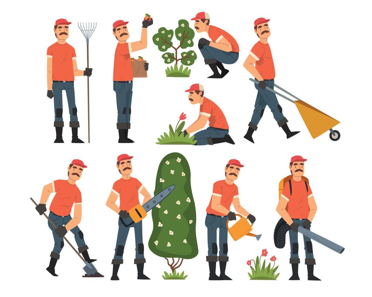 Man Gardener Working in the Garden or Farm, Cheerful Male Farmer Character in veralls with Tools Illustration vector