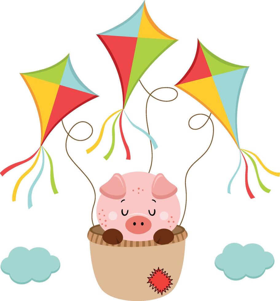Cute pig flying inside basket with kites vector
