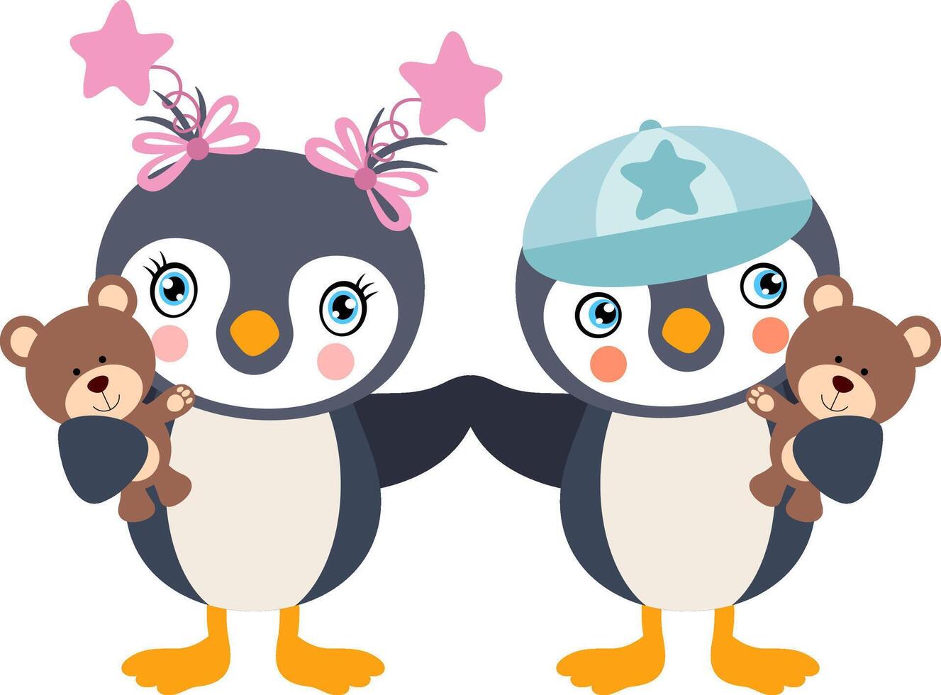 Pink and blue baby penguin holding a toy of teddy bear vector