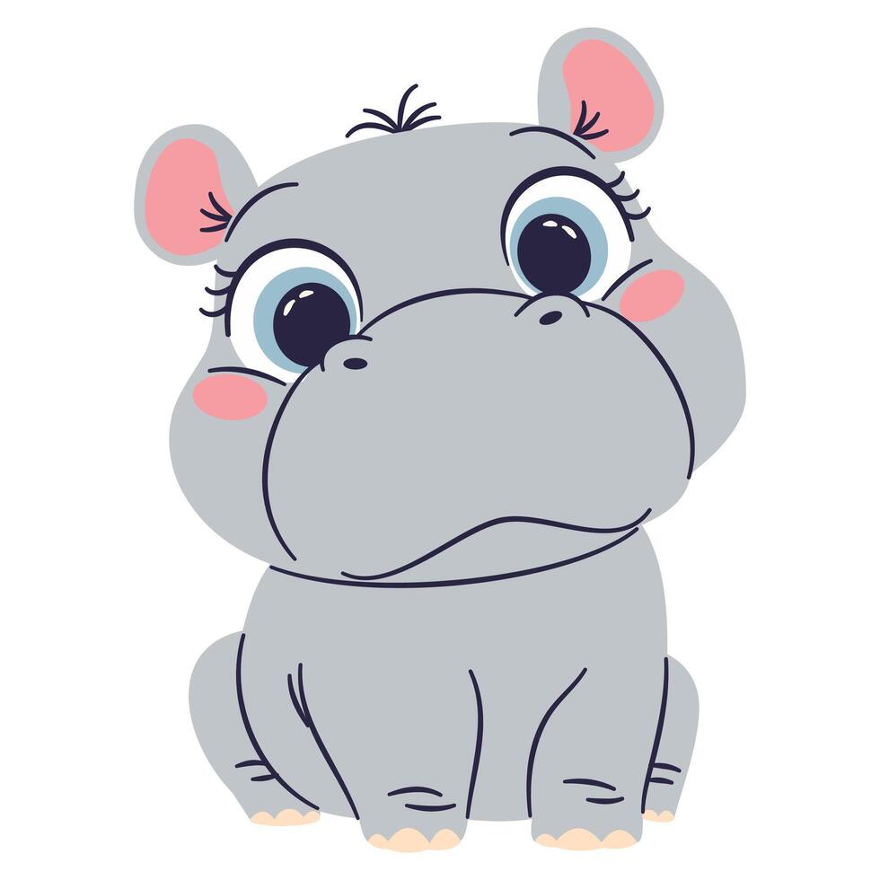 Flat illustration in a simple children's style. Cute baby hippo with big eyes, white background vector
