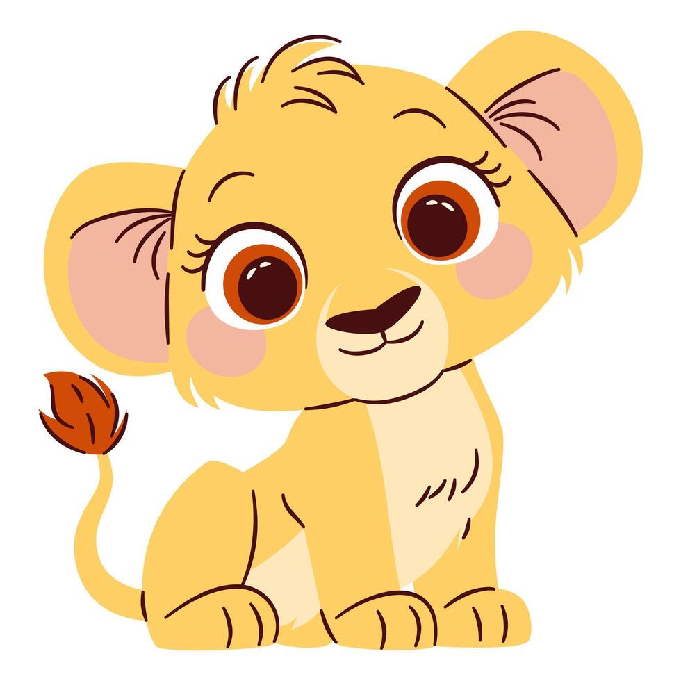 Flat illustration in a simple children's style. Cute baby lion cub with big eyes, white background vector