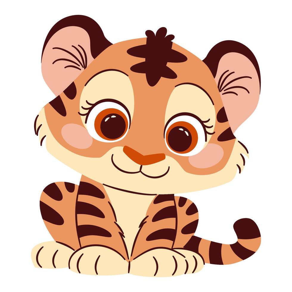 Flat illustration in a simple children's style. Cute baby tiger cub with big eyes, white background vector