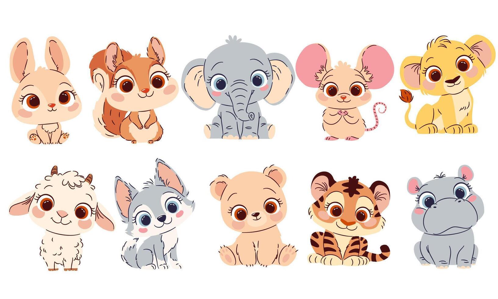 A set of flat illustrations in cute childish style. Cute baby animals with big eyes. Bunny, baby squirrel, wolf goat, baby bear, baby elephant mouse, lion, tiger, hippo. vector