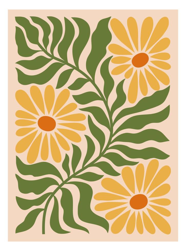 Yellow dandelion flowers with green leaves on a soft peach background. Flower poster for wall art for home decoration. vector