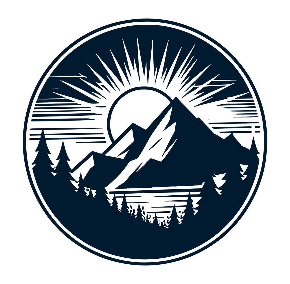 Mountain landscape with pine trees and sun vector